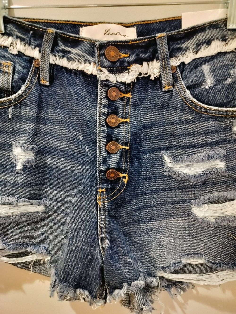 KanCan High Rise Distressed Denim Shorts Button Fly Frayed Hem Size 27 * - Picture 2 of 9